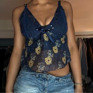 Y2K Navy Blue Floral Embellished Women's Top